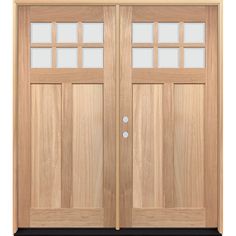 two wooden doors with glass panels on the front and back sides, both side by side