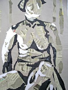 a collage of newspaper strips with a man's torso and arms wrapped in paper