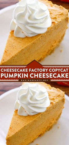 two slices of cheesecake with whipped cream on top and pumpkin cheesecake in the background