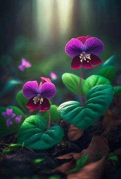 two purple flowers sitting on top of green leaves