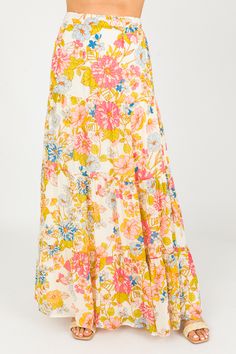 Blooming Chiffon Maxi Skirt - Sale - The Blue Door Boutique Meeting Outfit, Floral Print Maxi Skirt, Floral Print Midi Skirt, Chiffon Maxi Skirt, Derby Dress, Tiered Maxi Skirt, Vibrant Flowers, Floral Maxi Skirt, Printed Maxi Skirts