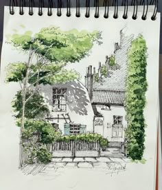 a drawing of a house with trees and bushes