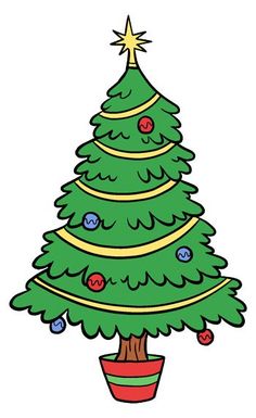 a green christmas tree with decorations on it's branches and a star above the top