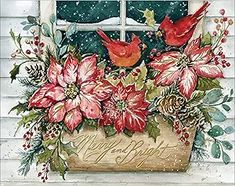 a painting of flowers and birds on a window sill with the words happy birthday