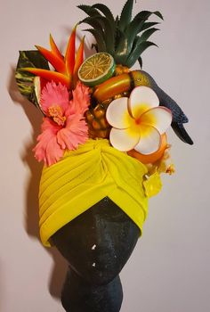 Well there's a cute toucan on this turban Super cute flowers Faux fruit Toucan Ready to ship for Halloween Banana Headpiece, Pineapple Costume Womens, Tropical Headpiece, Fruit Headpiece, Carmen Miranda Costume, Tahitian Costumes Headpieces, Carmen Miranda Fruit Hat, Turban Diy, Fruit Hat