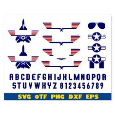 an old school style font and numbers set with airplane silhouettes in blue, red, and white