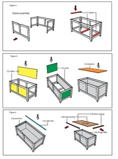 different types of tables and benches are shown in three separate sections, including the top one with