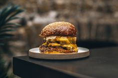 a cheeseburger on a white plate sitting on top of a black table next to a potted plant