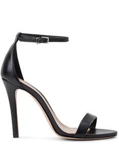 black leather smooth grain round open toe buckle-fastening ankle strap branded footbed single toe strap high stiletto heel leather sole Cousins Movie, Black Stiletto Heels, Black Stilettos, Stiletto Sandals, Sandals Black, Black Design, Stiletto Heel, Black Heels, Strap Sandals