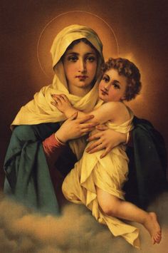 a painting of the virgin mary holding a child in her arms and wearing a white headdress