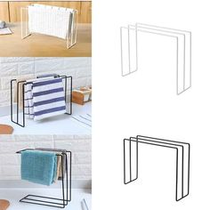 three different images of towel racks on the wall