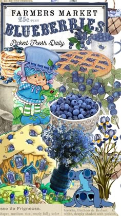 blueberries are in the middle of a collage with flowers and other things on it