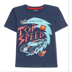 Give His Casual Look Some Gas With The Revved-Up Racing Graphics And Patches Featured On This Top Speed T-Shirt From Jem.. Light Blue Logo Print T-shirt For Summer, Summer Light Blue T-shirt With Logo Print, Blue Character Print T-shirt For Summer, Blue Graphic Tee With Character Print, Blue Character Print Graphic Tee, Blue Cotton Top With Cartoon Print, Blue Crew Neck Fun T-shirt, Fun Blue Crew Neck T-shirt, Blue Crew Neck T-shirt Fun Style