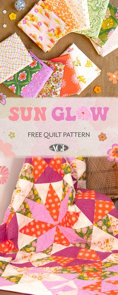 the sun glow quilt pattern is laying on top of a table with flowers and butterflies