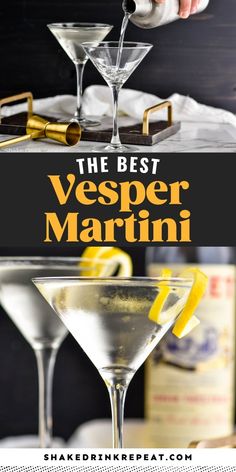 the best vesperr martini recipe is shown in two glasses with lemon wedges