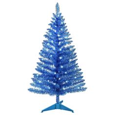 a blue christmas tree with white lights on it