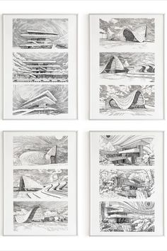 A collection of four frame architectural drawings on a white wall. These drawings include Heydar Aliyev Centre by Zaha Hadid, Falling Water by Frank Lloyd Wright, and David Chipperfield's Amercia's Cup Building Falling Water Sketch, Zaha Hadid Architecture Sketches, Water Sketches, Zaha Hadid Drawings, Zaha Hadid Buildings, Water Sketch, Pen Sketching, Architectural Graphics, Zaha Hadid Architecture