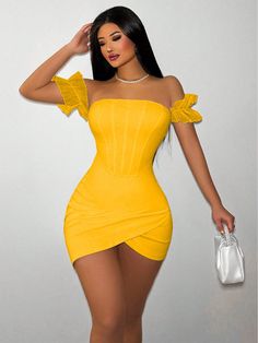 Women's Sexy Solid Off Shoulder Bodycon Mini Dress For Summer Yellow Sexy,Party  Short Sleeve Knitted Fabric Plain Bodycon Medium Stretch  Women Clothing, size features are:Bust: ,Length: ,Sleeve Length: Women's Shapewear, Dress For Short Women, Inspiration Mode, Fall Outfits Women, Bodycon Mini Dress, Women Lingerie, Women Clothes Sale, All Fashion, Women Clothing