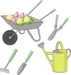 illustration of a set of various gardening tools Anime Gardening, Vintage Garden Tools, Tool Board, Gardening Supplies