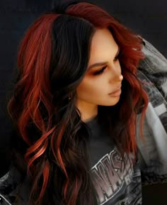 Hair Color 2023 Money Piece, Fall Hair Color Ideas Vivids, 2023 Color Blocking Hair, Long Red Hair Color Ideas, Black And Natural Red Hair, Darker Hair Dye Ideas, Hair Color Ideas For 30 Year Olds, 4 Quadrant Hair Color, Dark Hair Inspiration Medium