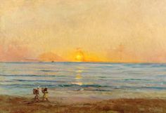 a painting of two people walking on the beach near the ocean at sunset or sunrise