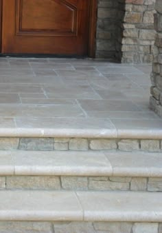 a dog is sitting on the steps in front of a door