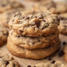 chocolate chip cookies stacked on top of each other