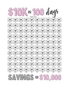 the $ 10k in 100 days savings is displayed on a white background with pink lettering