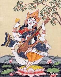 Goddess Of Music, Indian Traditional Paintings, Kerala Mural Painting, Vedic Art