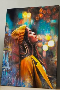 a painting of a woman wearing a yellow hat and looking up at the street lights