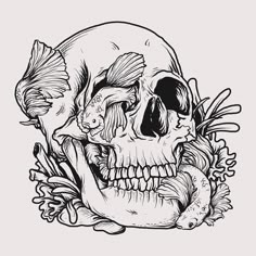 a drawing of a human skull with fish in it's mouth and seaweed