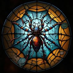 a stained glass window with a bug on it