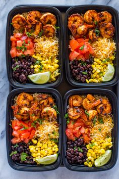 four plastic trays filled with shrimp, black beans, corn, and tomato salad