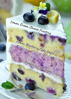 a slice of cake with blueberries and lemon on top