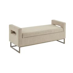 a beige bench with metal legs and a cushion on the backrest, against a white background