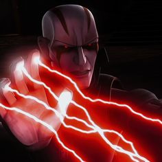 an animated character with red eyes and glowing lights in the dark, holding his hand out