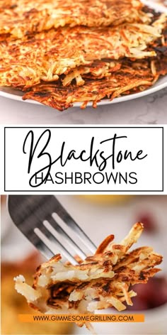 black stone hashbrowns on a white plate with a fork and text overlay