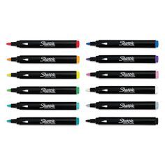 six markers with different colors on them and the words sharpie written in white ink