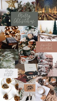 a collage of christmas images with pine cones, candles and other holiday items in the background