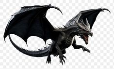 a black dragon flying through the air with its wings spread out and it's eyes open