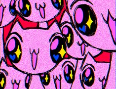 an image of some cartoon characters in pink and blue colors with stars on their eyes