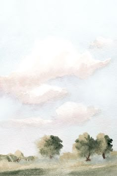 watercolor painting of trees and clouds in the sky