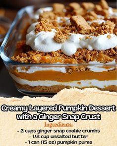 an advertisement for a pumpkin dessert with a ginger - snap crust and whipped cream topping