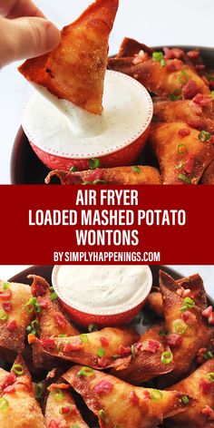 an air fryer loaded mashed potato wontons with dip and sour cream