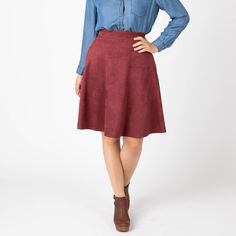 Faux Suede Skirt Oxblood Pc Red Pleated Skirt For Fall, Fall Flared Lined Skirt, Lined Flared Skirt For Fall, Fall Red Lined Skirt, Burgundy Skirt For Fall, Full Fall Skirt With Lining, Fall Full Skirt With Lined Detail, Full Fall Skirt With Lined Detail, Full Lined Skirt For Fall