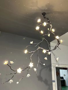 a branch with white lights hanging from it's side in a room next to a mirror