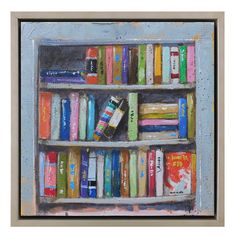 a painting of bookshelf with many different colored books on it's shelves