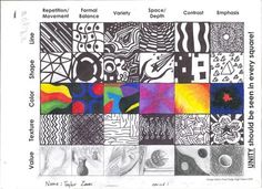 an image of some art work with different colors and patterns on the paper, including black and white