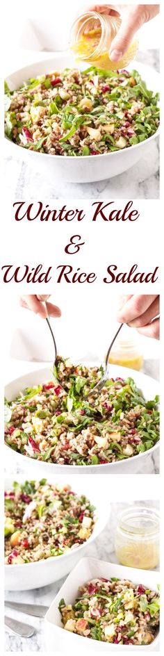 the recipe for winter kale and wild rice salad is shown in three different stages