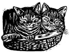 black and white drawing of two kittens in a basket